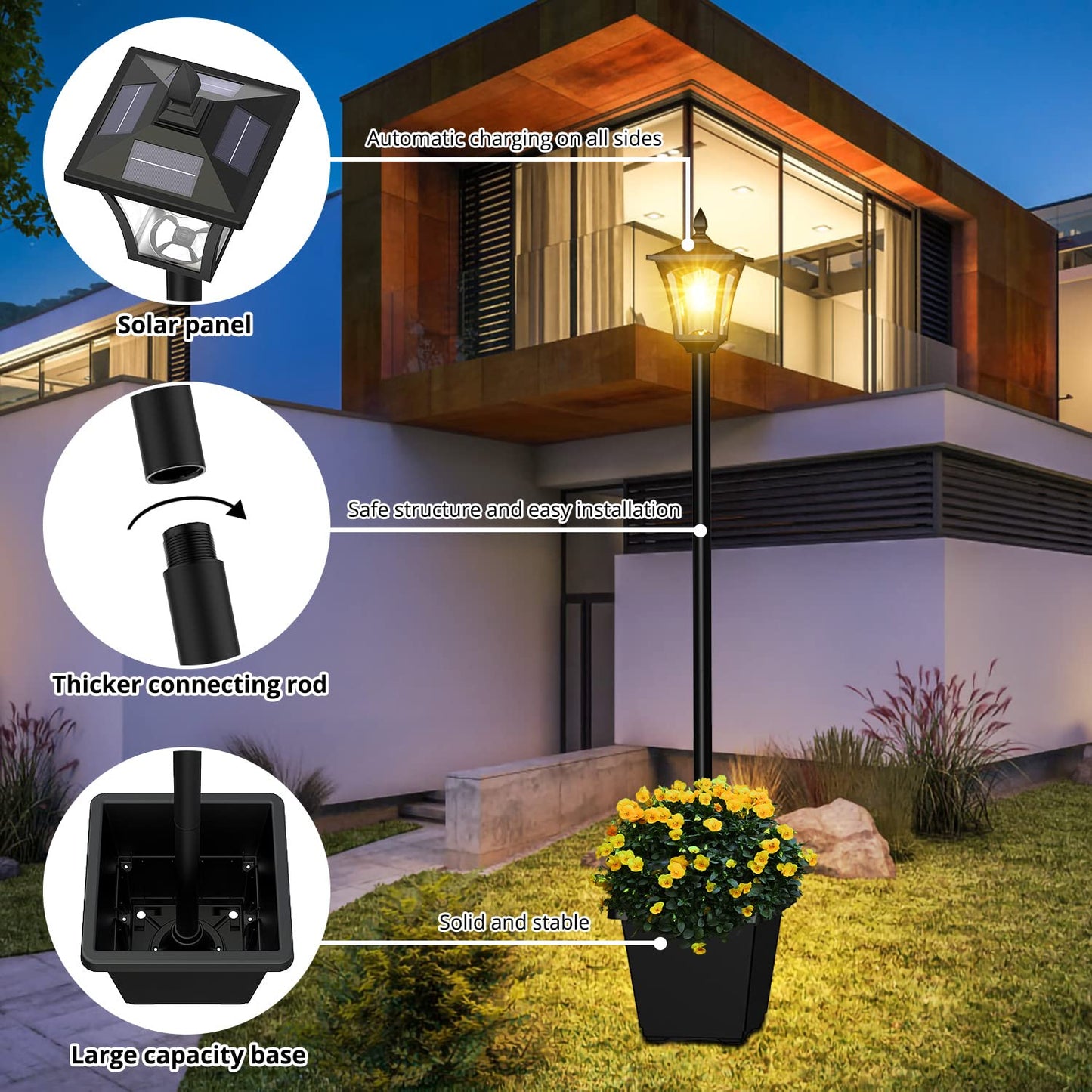 ILANCK 64 Inch Solar Lamp Post Light with Planter, 60 High Lumens Street Light, Solar Post Lights Waterproof for Garden, Pathway, Lawn, Driveway, Front Back Door Outdoor Pole Lamp（Warm）