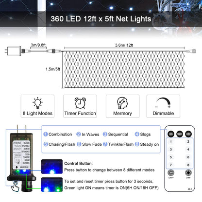 JMEXSUSS 360 LED Net Christmas Lights Outdoor Waterproof, Connectable 12ft x 5ft Net Lights Outdoor Mesh Light with Remote, 8 Modes Plug in White Christmas Light for Bushes Christmas Decorations