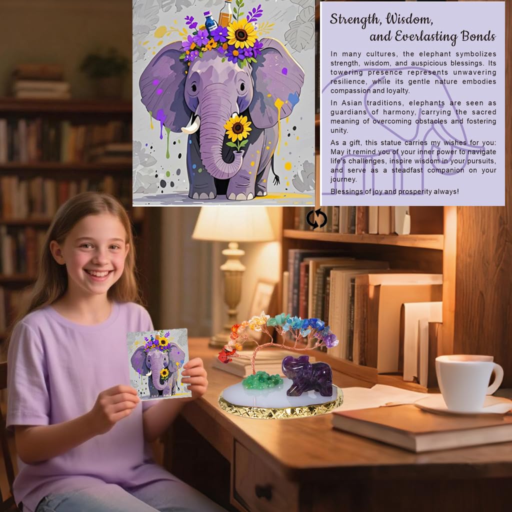 Dreamgirnh Elephant Gifts for Women, Amethyst Elephant Decor Statue Crystals and Healing Stones Chakra Crystal Tree, Cute Sculpture Gemstones Spiritual Home Office Desk Purple Decor, Mothers Day Mom