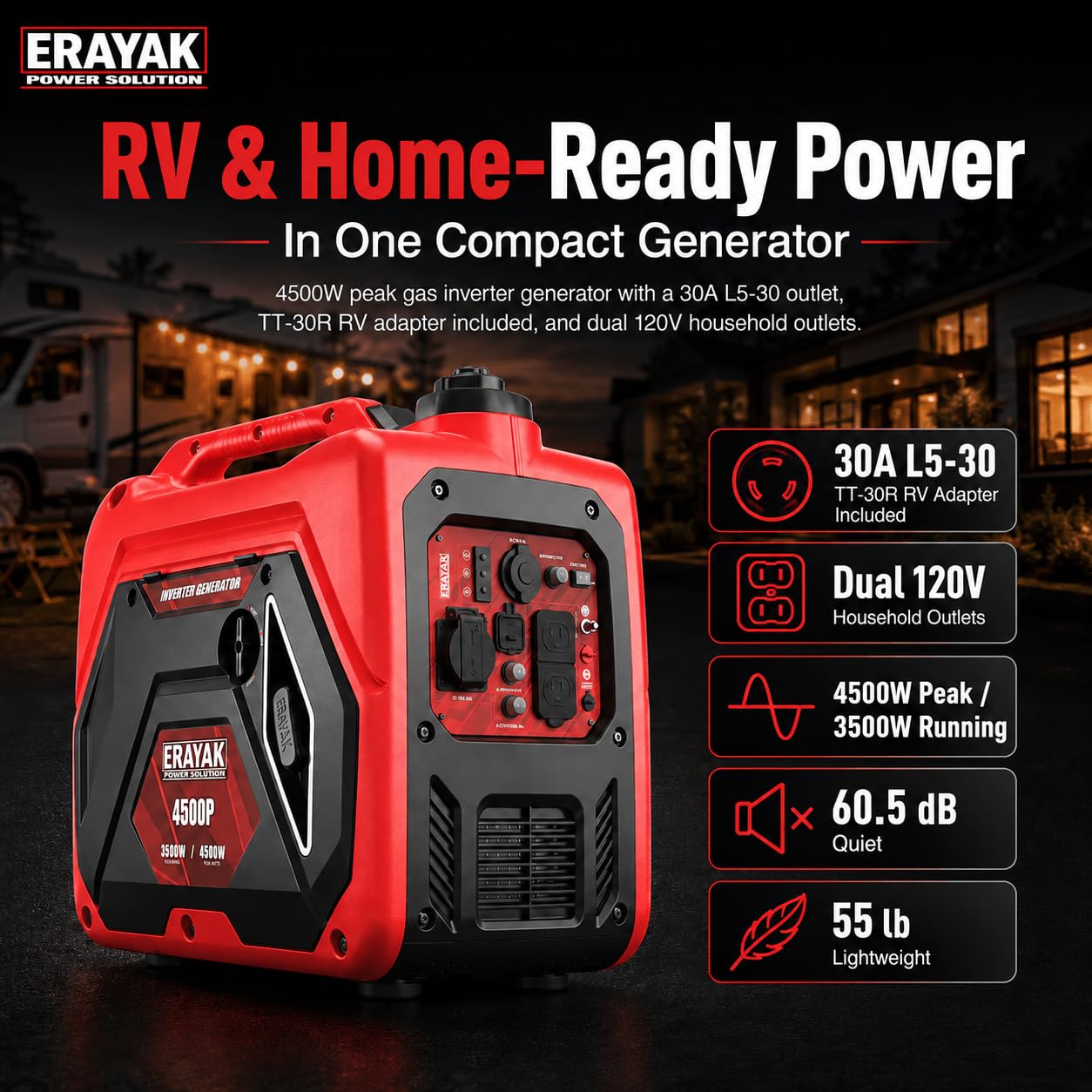 ERAYAK 4500W Portable Inverter Generator for Home Use, Super Quiet Small Generator for Camping Outdoor Emergency Power Backup, Gas Powered Engine, ECO Mode, EPA Compliant