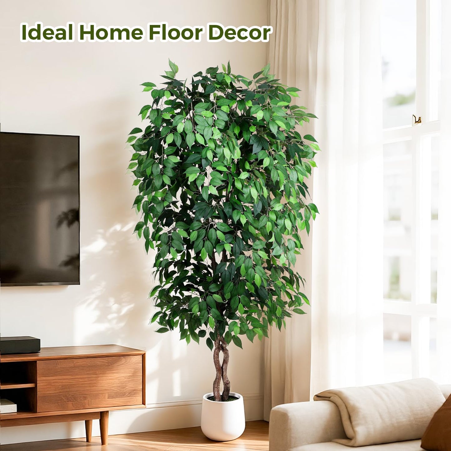Jocoevol 7FT Artificial Ficus Tree, Tall Faux Trees Indoor with White Planter, Dried Moss, Natural Silk Leaves & Trunk, Fake Plants for Home Living Room Office Corner Decor Housewarming Gift