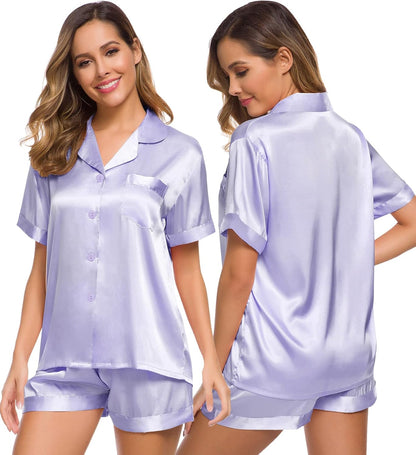SWOMOG Womens Silk Satin Pajamas Set Short Sleeve Sleepwear Button Down Top and Shorts Loungewear 2 Piece Pjs Set XS-3XL
