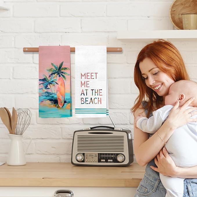 Boho Coastal Beach Kitchen Towels, Meet Me at The Beach Decorative Hand Towels