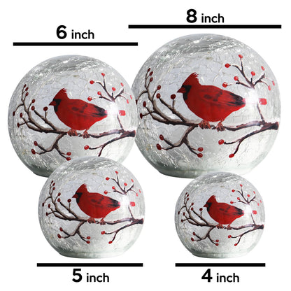 Large Crackle Glass Ball Cardinal Lamp - Light Up Red Bird Stained Christmas Decor Accent, Orb Night Light, LED Sphere Desk Table Lamp