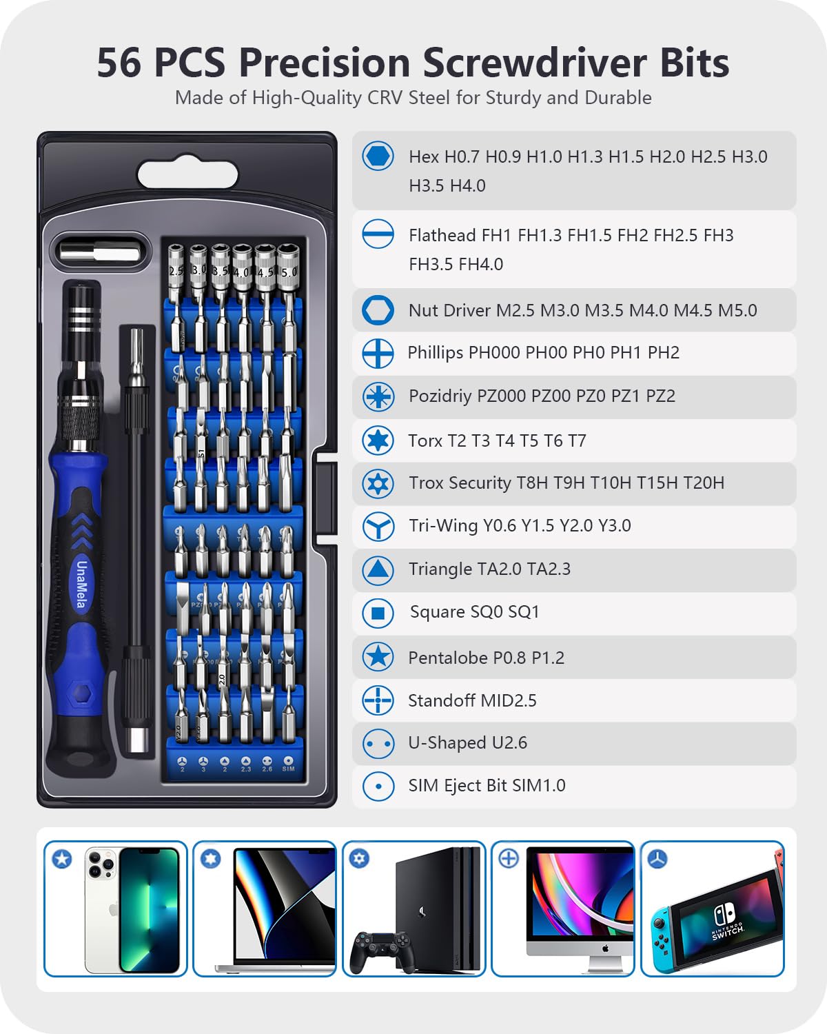 UnaMela Electronics Precision Screwdriver Set: 61 in 1 Small Magnetic Repair Tool Kit Mini Screw Driver with Case for Computer, Laptop, PC, iPhone, Xbox, PS4/5, Controller, Gamer Tech Gifts for Men