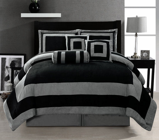 Grand Linen Oversize Black/Grey Comforter Set Micro Suede Patchwork Bed in A Bag King Size Bedding