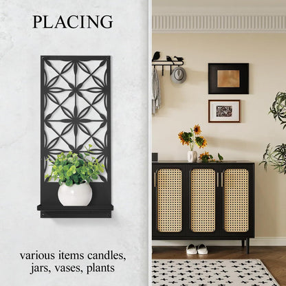 Doodlream 2 Pack Candle Wall Sconces, Retro Black Metal Wall Candle Holders, Foldable Floating Shelves with Rectangle Floral Geometric Back, Farmhouse Wall Decor for Entryway Living Room Bedroom