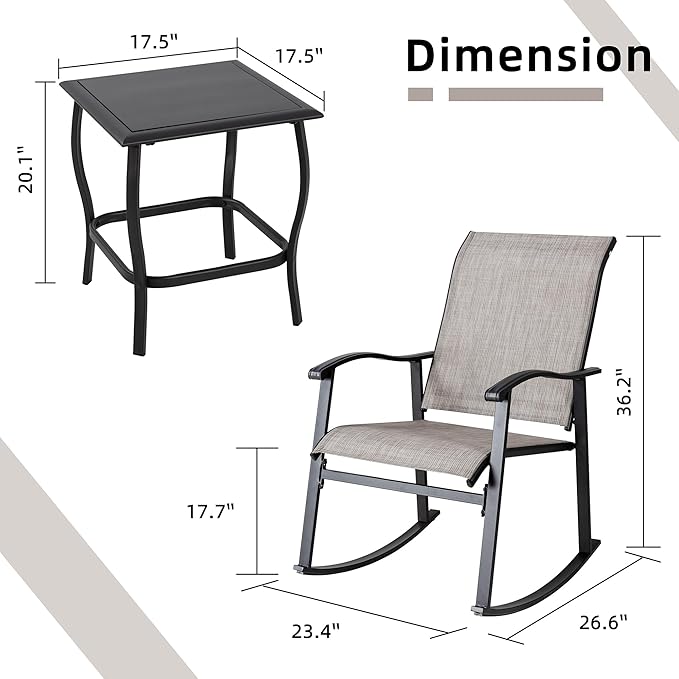 Vongrasig 3 Piece Outdoor Rocking Bistro Set, Textilene Fabric Small Patio Furniture Set, Front Porch Rocker Chairs Conversation Set with Glass Table for Lawn, Garden, Balcony, Poolside (Taupe)