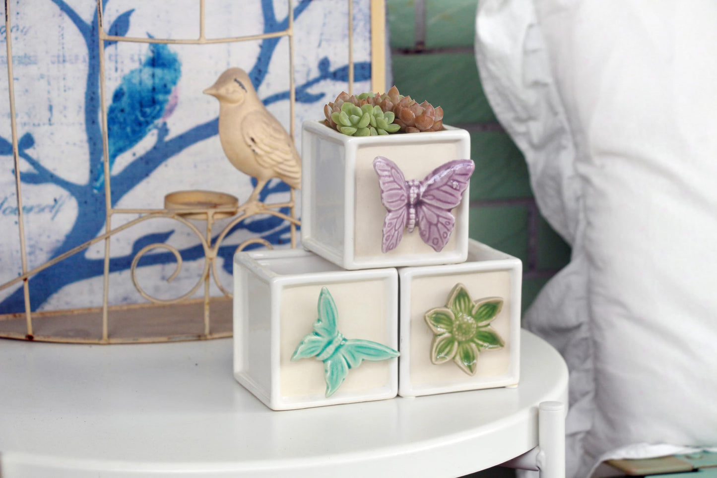 Gnliny 3.1 Inch Ceramic Succulent Pots with Bamboo Tray - 3Pcs Square Planters with Drainage Holes, 3D Butterfly & Flower Design for Indoor Plants, Desk Organizer for Home Office