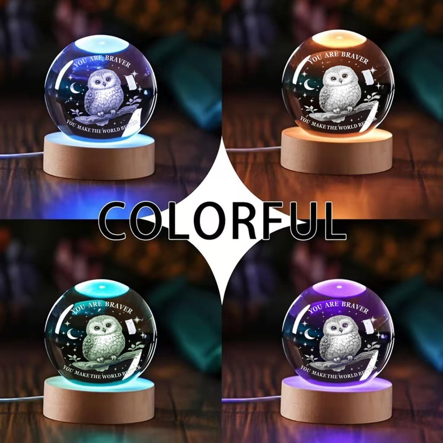 YouerCrystal 3D Owl Lamp,2.36In (60mm), Wood LED Base,Owl Gifts