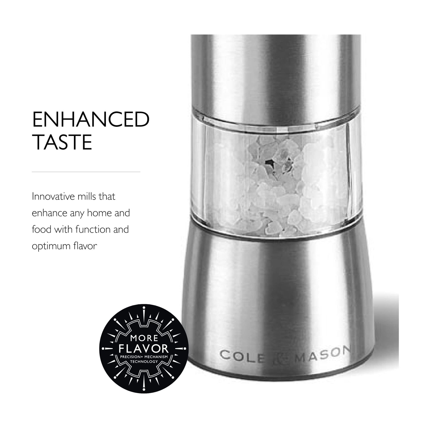 Cole & Mason Hampstead Electronic Salt Mill - Electric Salt Grinder Set - Adjustable Electric Spice Grinder - Kitchen Tool & Gadget - Hand Wash - Stainless Steel
