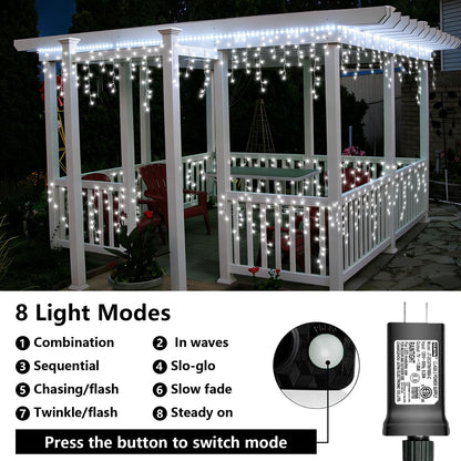 QITONG Icicle Lights for Outside, 33ft 400 LED String Lights Plug in with 8 Modes, Connectable White Icicle Christmas Light Clear Wire Indoor