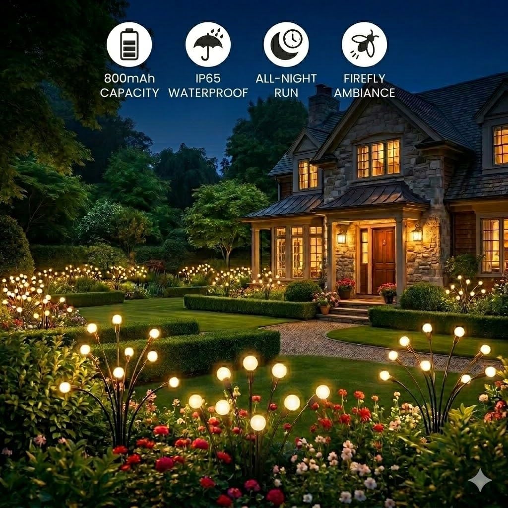 VerveAura Solar Firefly Lights Outdoor Waterproof, 4 Pack Swaying Garden Lights with Dancing Firefly Glow, 17mm Large Bulbs, 800mAh Battery, Monocrystalline Solar Panel, Yard Pathway Decor