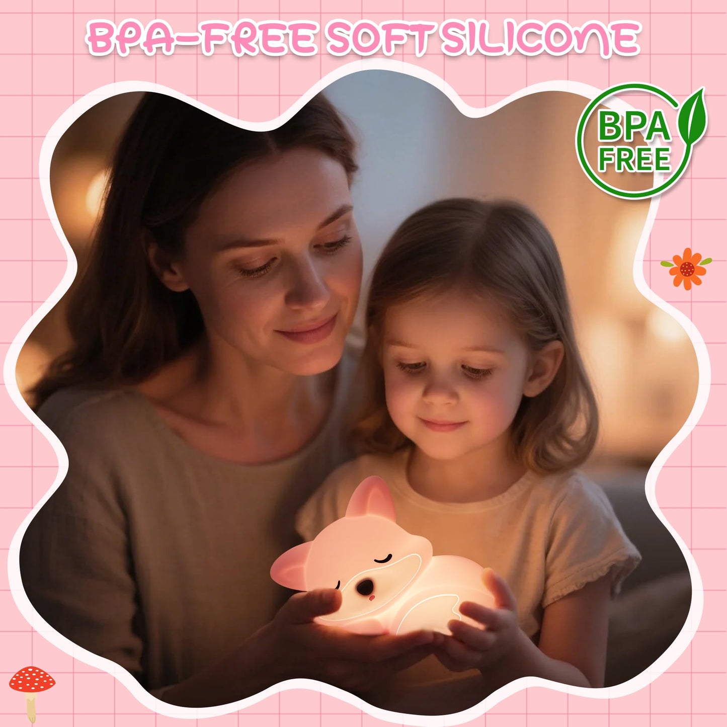 Okayera Fox Lamp for Girls, Pink Silicone Squishy Fox Shaped, 20 Mins Auto-Off Rechargeable Dimmable Night Light, Fox Gifts for Nursery Baby Girl Women, Christmas White Elephant Gifts Idea