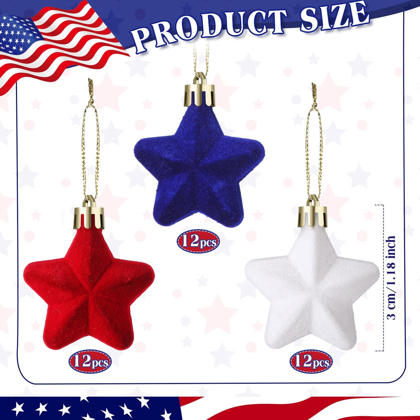PullCrease 36 Pcs 4th of July Tree Decorations 1.18 Inch Red White Blue Star Ornaments Patriotic Hanging Star Shaped Ornaments for Independence Day 250th Anniversary Holiday Party Supplies