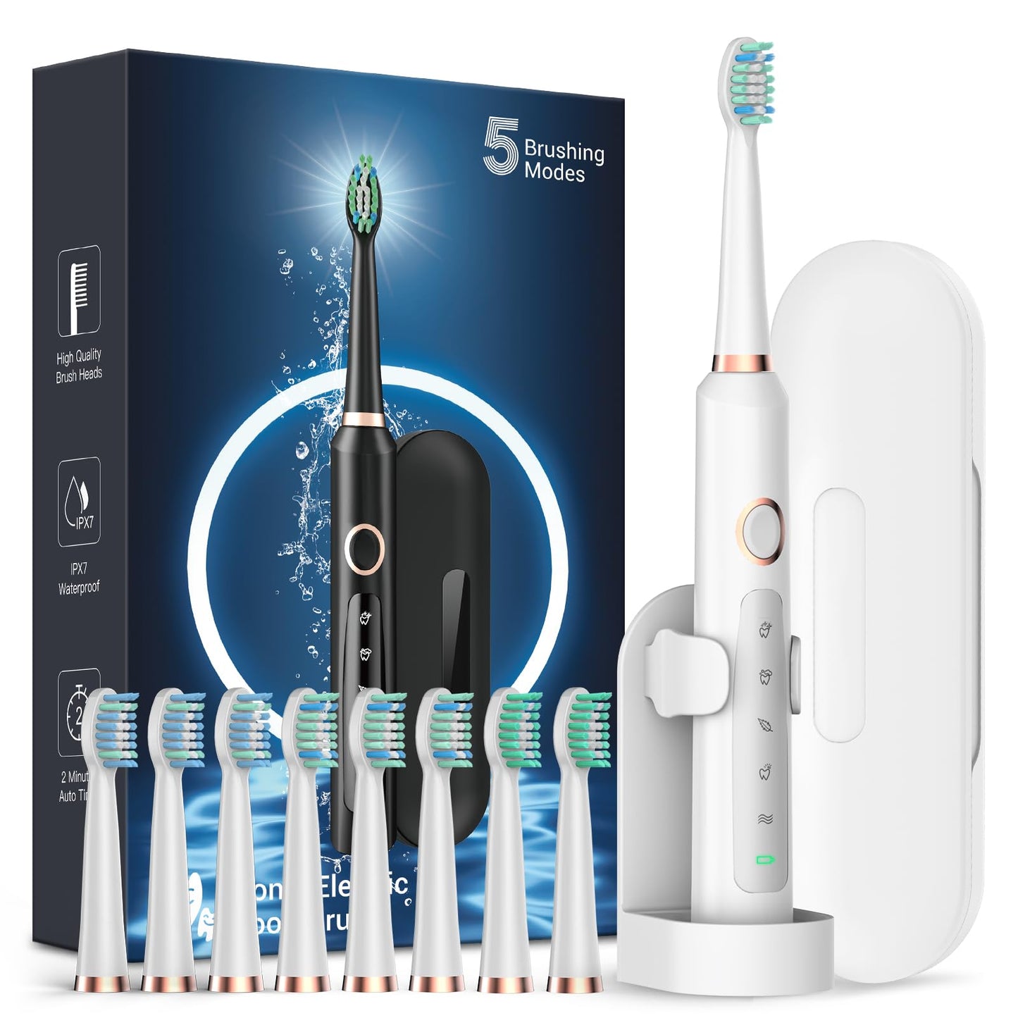 Rtauys M5 Sonic Electric Toothbrush for Adults and Kids - Rechargeable Electric Toothbrush Kids Ages 12+ and Adults with 8 Brush Heads & Travel Case, 120 Days Battery Life - Pink