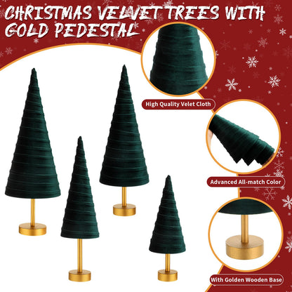 Hoolerry 4 Pcs Christmas Velvet Trees with Gold Pedestal Modern Rustic Christmas Velvet Cone Trees Minimalist for Mantel Table Centerpiece Entryway Home Winter Holiday Wedding Decor (Green)