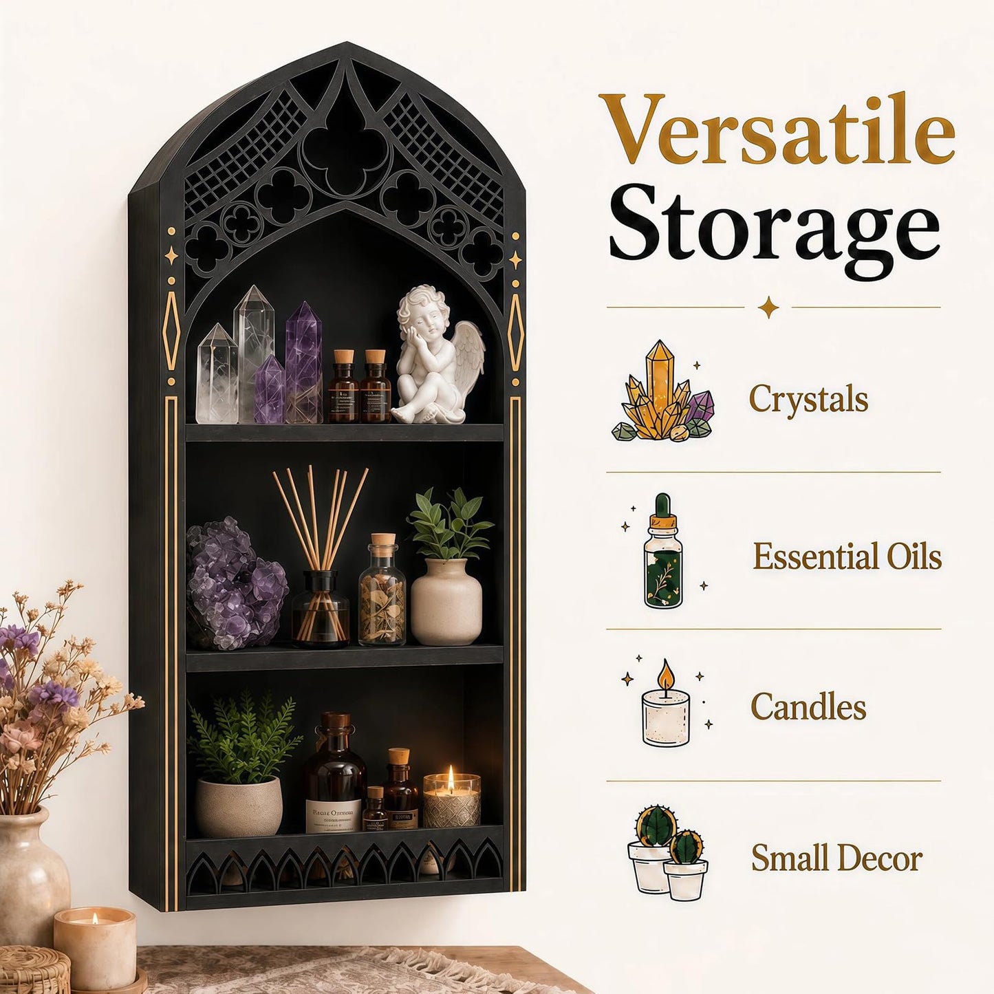 HBSGS Gothic Window Crystal Display Shelf, 1.96" Deep Wooden Wall Mounted Gemstone Crystal Holder, Witchy Decor Trinket Organizer for Healing Stones -2026 Upgraded (Window-7.9" W x 15.7" H)