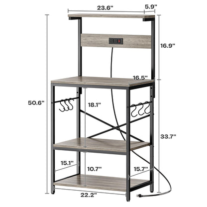 SUPERJARE Kitchen Bakers Rack with Power Outlet, Coffee Bar Table 4 Tiers, Kitchen Microwave Stand with 6 S-shaped Hooks, Storage Shelf Rack for Spices, Pots and Pans - Rustic Brown