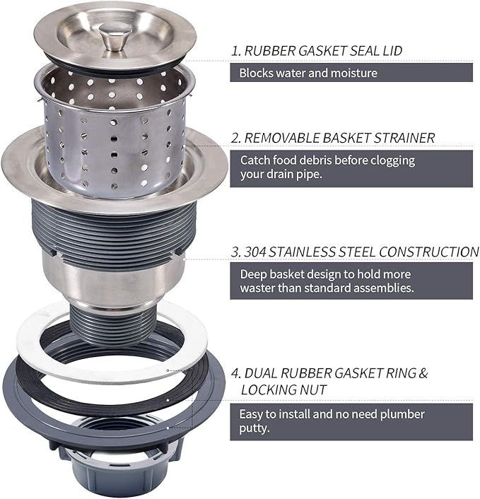 3-1/2 Inch Sink Drain Assembly Kit, Removable Deep Sink Strainer Basket