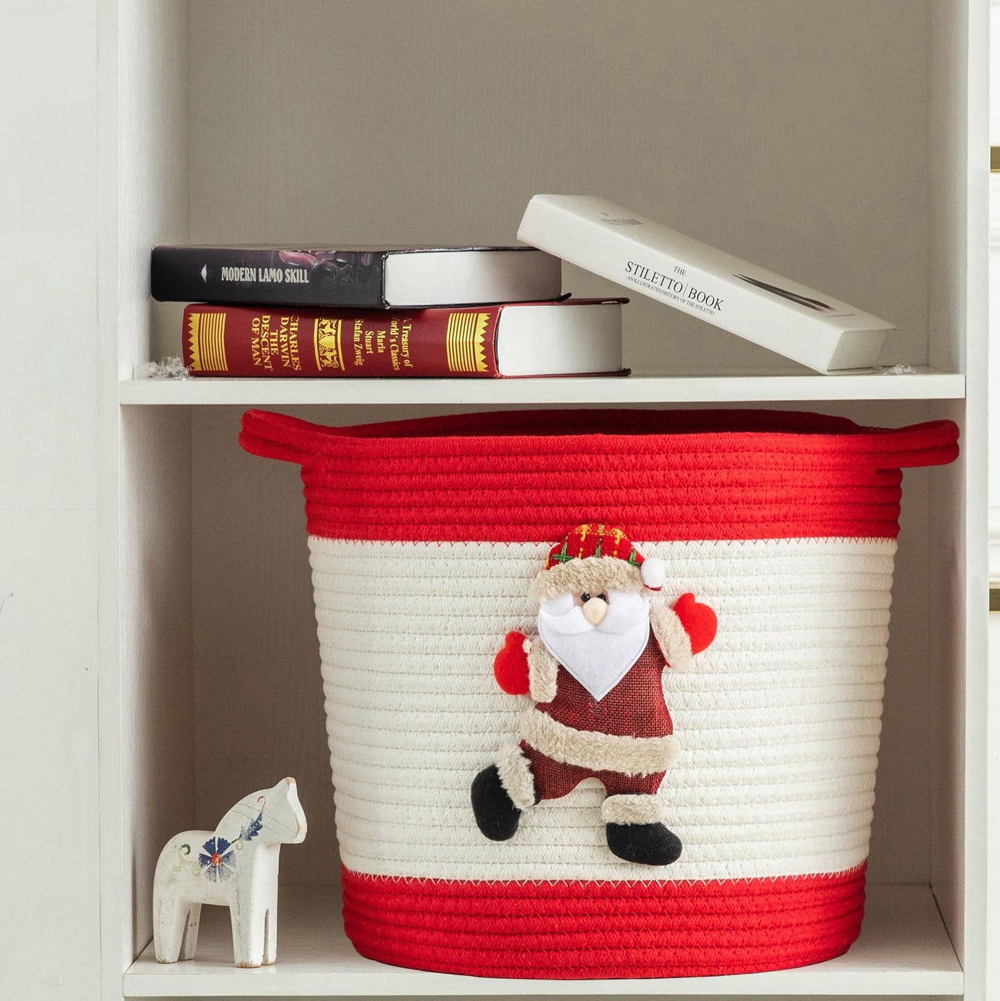 HomeyPine Christmas Basket with Santa Claus Doll, Woven Cotton Rope Christmas Storage Basket with Handles, Christmas Toy Baskets for Baby Towels, Diapers, Pet Toy Storage Basket, Red