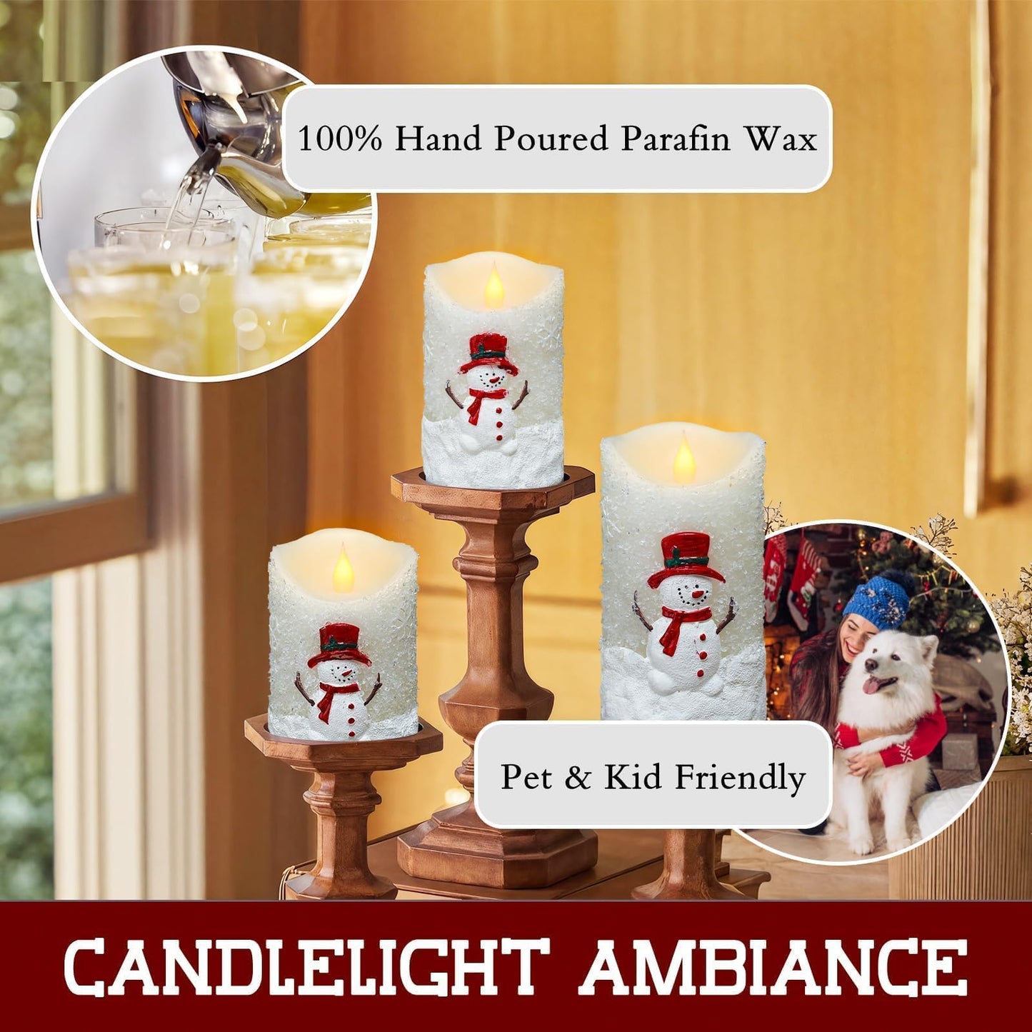LCZLUMIPRO Snowman Flameless Candles with Remote & Timer - 3 Pcs Winter Battery Operated LED Pillar Candles, Real Wax Electric Candles in Warm White for Christmas Table, Mantel & Home Decor