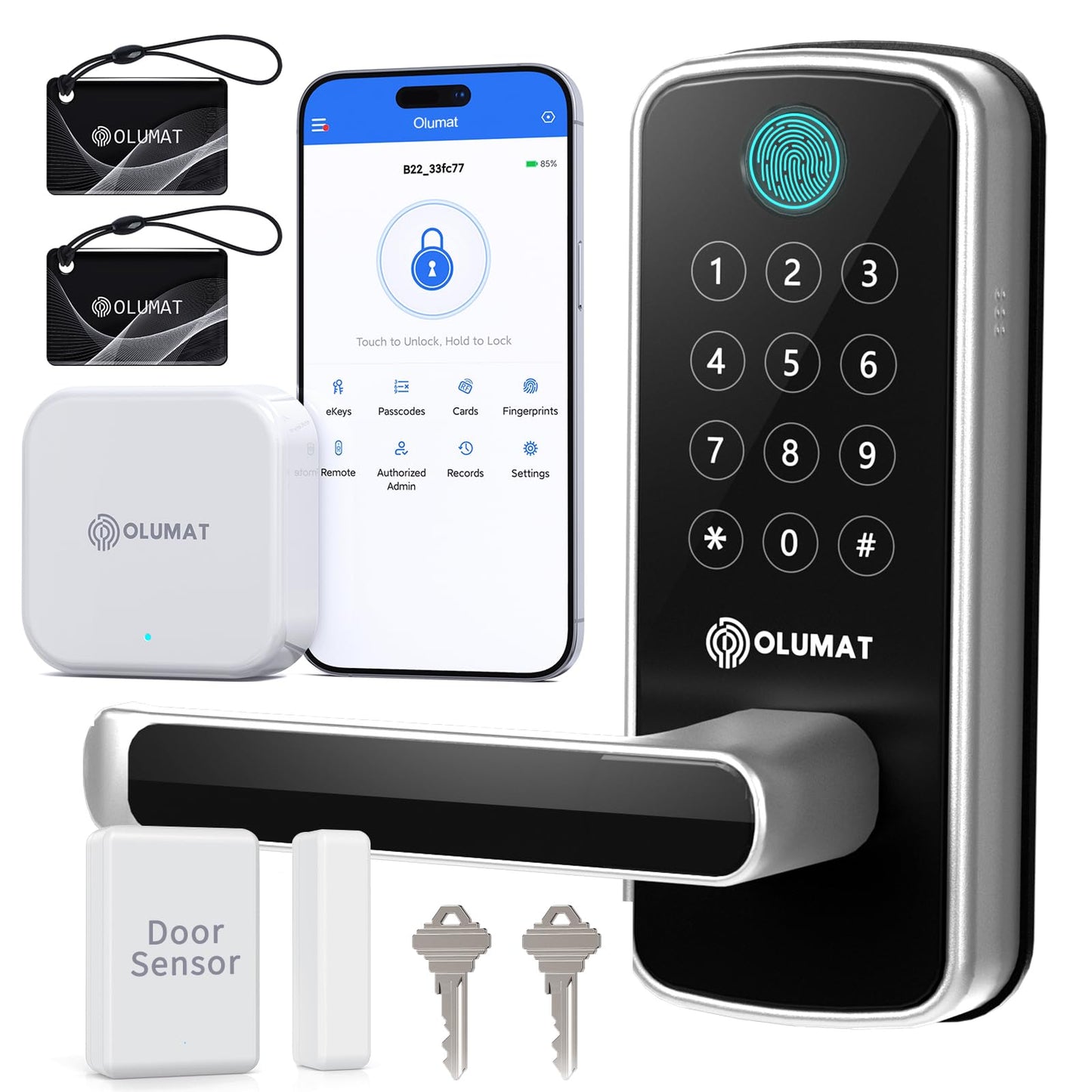 Smart Lock with WiFi Gateway, Keyless Entry Lock with Handle - Locks for Front Door with Keypad - Fingerprint Lock - App Control with Door Sensor - Auto Lock