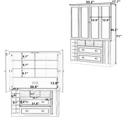 Merax Farmhouse 71" Large Kitchen Pantry Cabinet with Power Outlet, 53.2" Wide Storage Cupboard with 4 Foldable Doors, Adjustable Shelves, Wine Racks & Serving Trays, for Dining Room, White