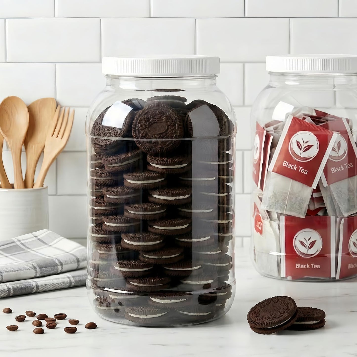 ZOOFOX 2 Pack Plastic Jars with Lids, 1 Gallon Wide Mouth Storage Containers, Empty Plastic Jars for Kitchen & Household Storage of Dry Goods, Peanut, Candy, Noodles