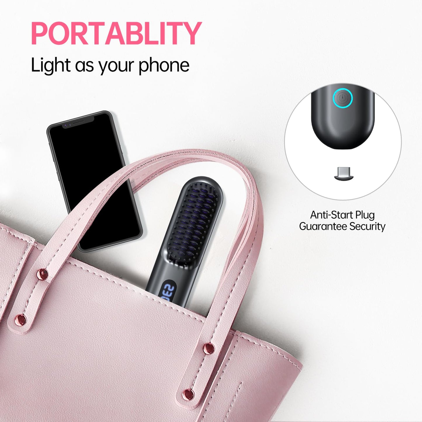 Cordless Hair Straightener Brush-Portable Straightening Comb, 9600mAh Batt, Plasma Tech, 9 Temp-Settings & LED Display, for Travel & Home(Pink)