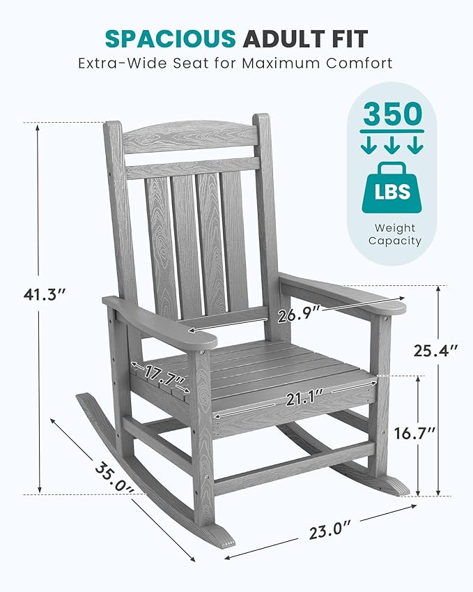 SERWALL HDPE Outdoor Rocking Chair Set of 2, Oversized Patio Rocking Chairs, All-Weather Porch Rockers for Adults, Light Gray