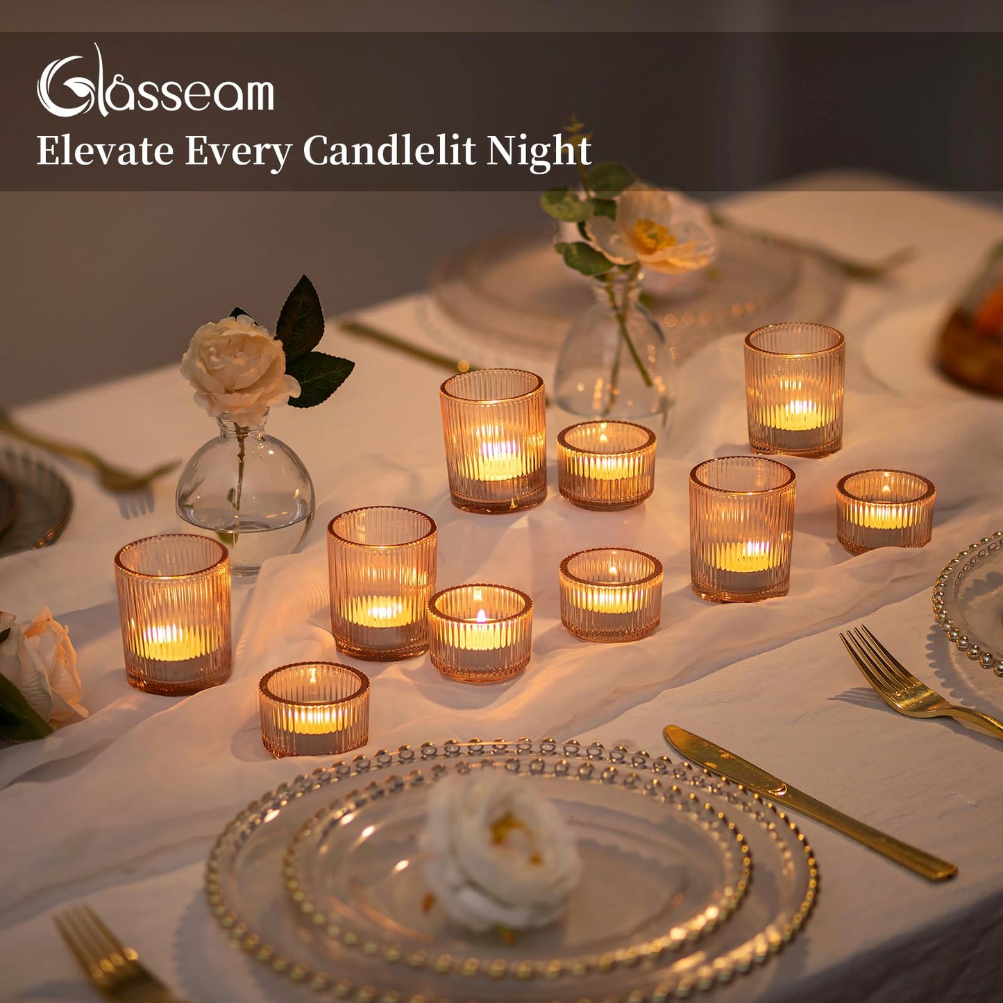 Glasseam Gold Votive Candle Holders: 8 Pcs Ribbed Glass Tealight Candle Holder Set Tea Light Holders Wedding Decorations for Reception Modern Home Decor Centerpiece Gifts