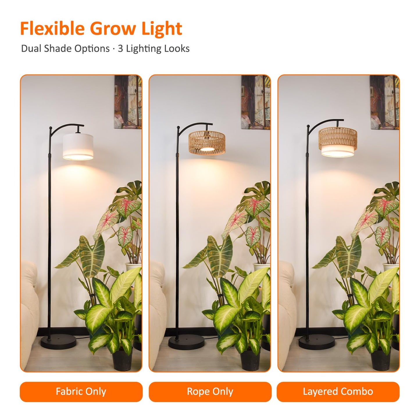 Bstrip 65-72.8 Inches Adjustable Grow Light for Indoor Plants, Boho Rattan & Fabric Shade Standing Grow Lamp, 25W 3000K Full Spectrum LED Plant Light with Auto On/Off Timer