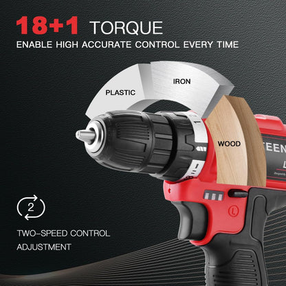 Cordless Drill Driver 21V TEENO,Battery Powered Screwdriver with 2X 1.5Ah Lithium Battery and 20 Accessories,2 Speeds,18+1Torque