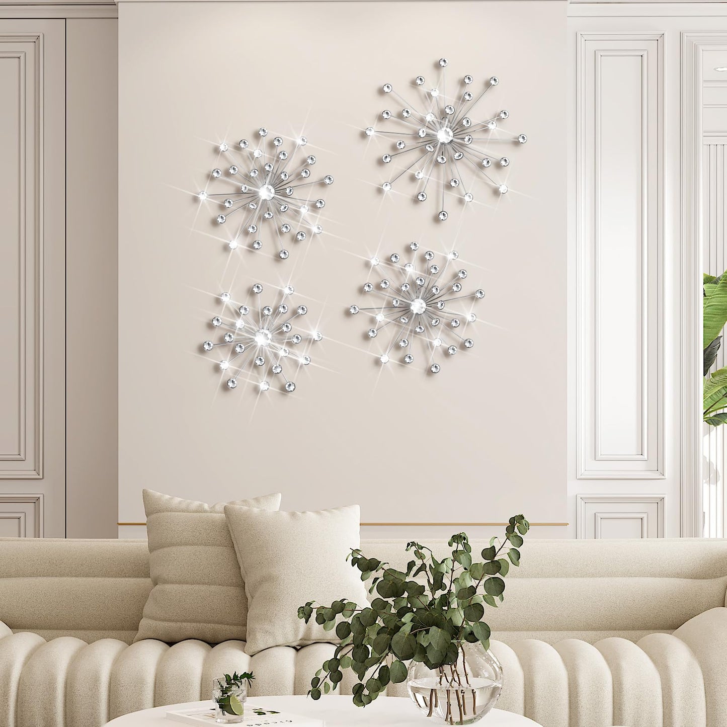 Funnymoom 4 Pcs Silver Starburst Wall Decor Metal Bling Wall Art Crystal Silver Sparkling Rhinestones Bling Decorative Hanging Diamond for Living Room Bedroom Home Office