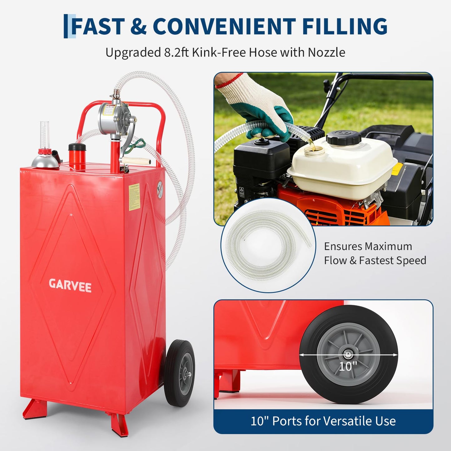 35 Gallon Fuel Gas Caddy Storage Tank, Portable Gas Caddy w/ Wheels, Reversible Manual Hand Pump & Fuel Hose, Anti-Static Grounding Clamp, Vent/Level Gauge, Wide Fill Neck, Gasoline/Diesel Transfer for ATV, Car, Mower, Tractor, Boat