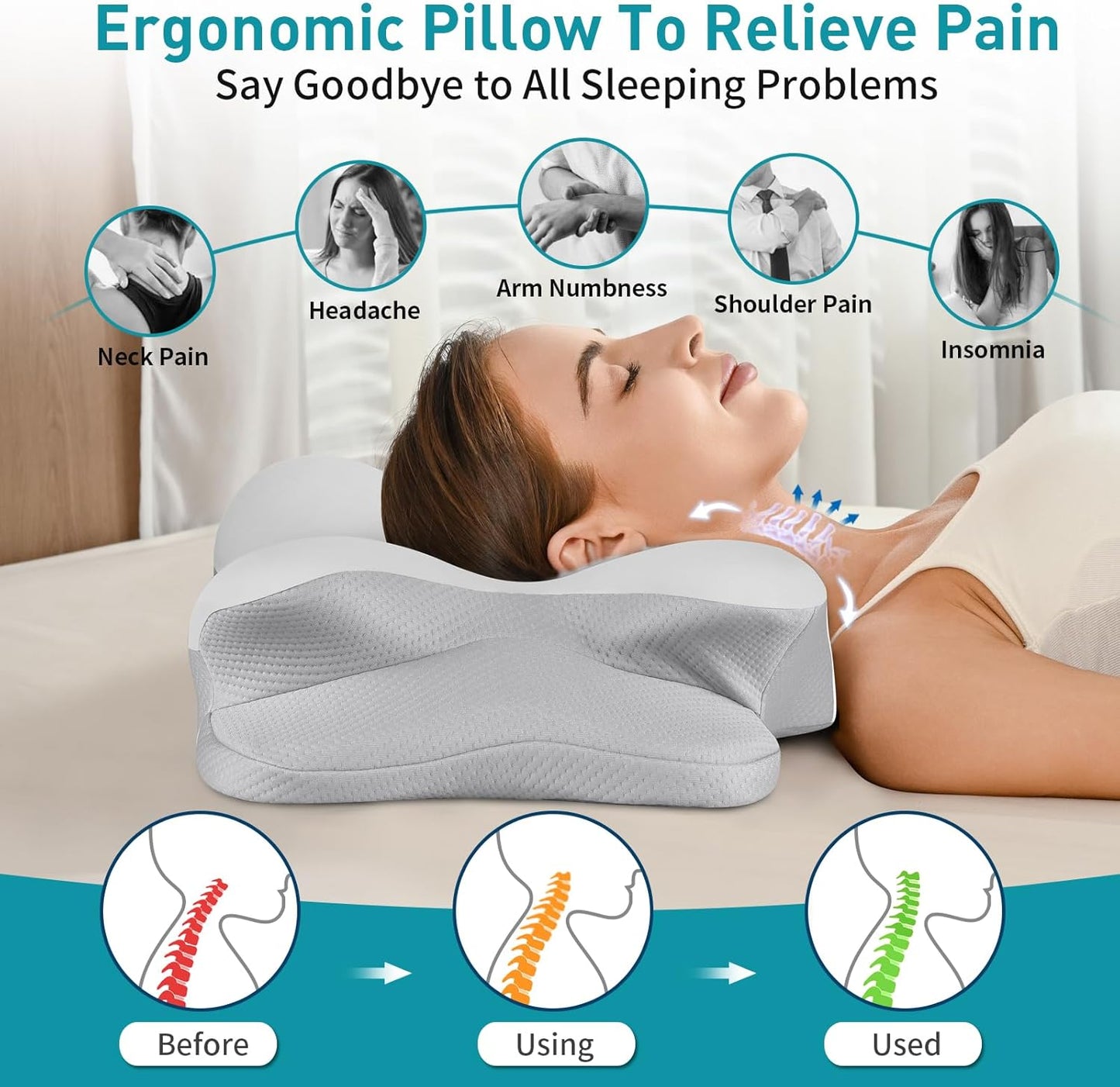 Cervical Neck Pillow for Pain Relief - Ergonomic Side Sleeper Pillow for Neck Support, Cooling Memory Foam Pillows for Sleeping, Contour Pillow Orthopedic Bed Pillow for Back Stomach Sleepers