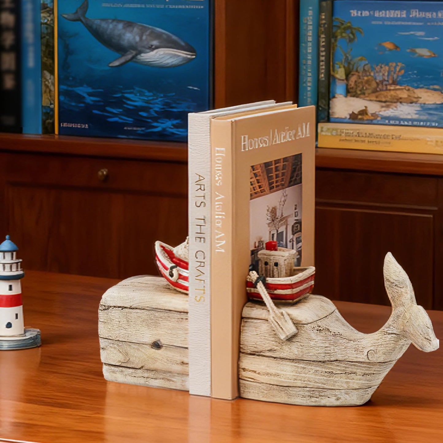 Guichifun Whale Decorative Bookends Book Holder - Distressed Finish Resin Cute Bookend Set with Sailboat Nautical Book Shelf Decor for Living Room Office Home Decoration Gift 11.8 X 3.9 X 6.5 inch