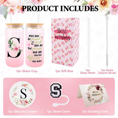 WINOWIMO Initial Glass Cups with Lids and Straws, Personalized Gifts for Women, Iced Coffee Cup Glass Tumbler, Birthday Bridesmaid Proposal Inspirational Customized Gifts for Her Girls (S)