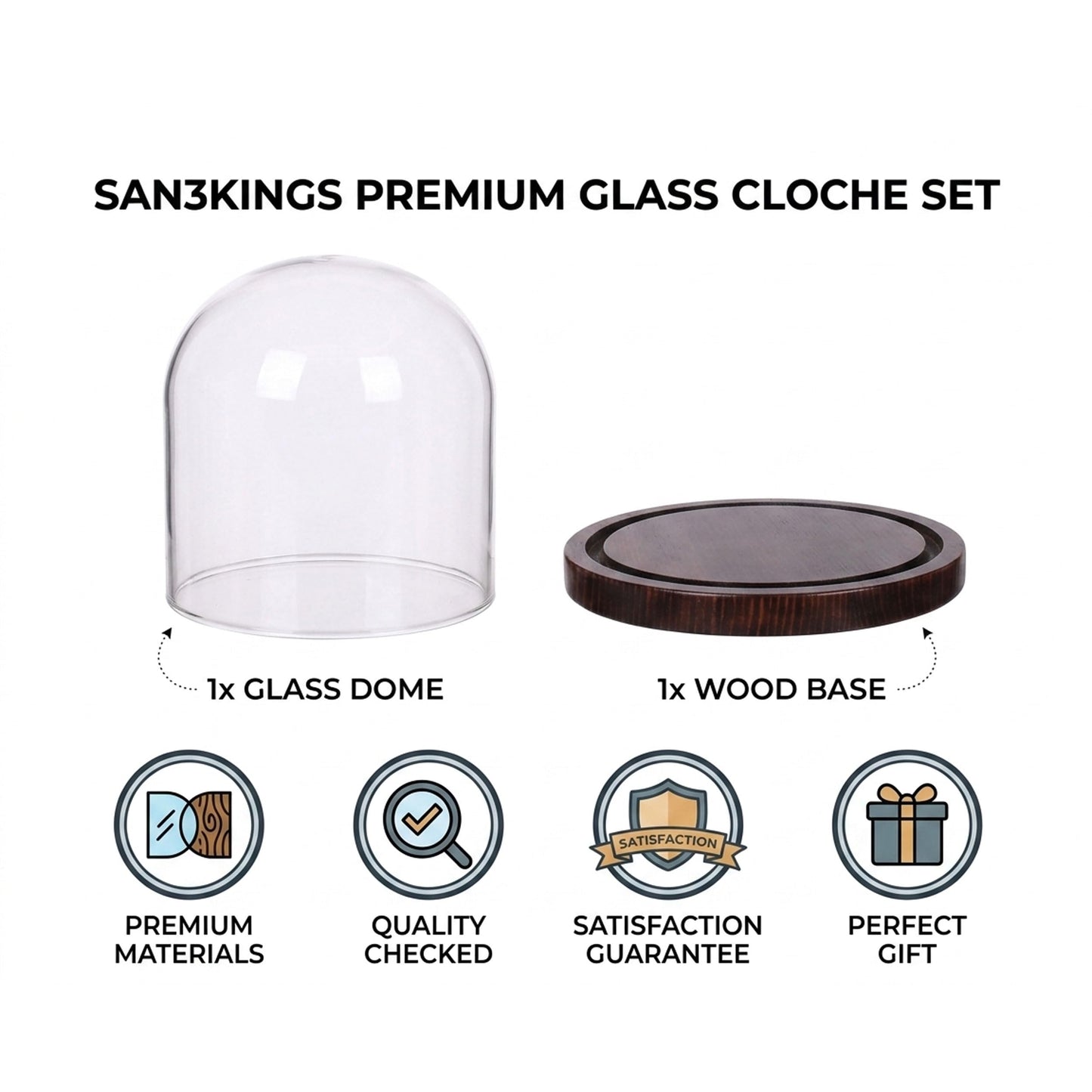 SAN3Kings Glass Cloche Bell Jar Display Dome with Brown Wooden Base, 6x7 Inch Clear Glass Display Case with Wood Stand for Home Decor, Plants, Succulents, Collectibles, Preserved Flowers, Centerpieces