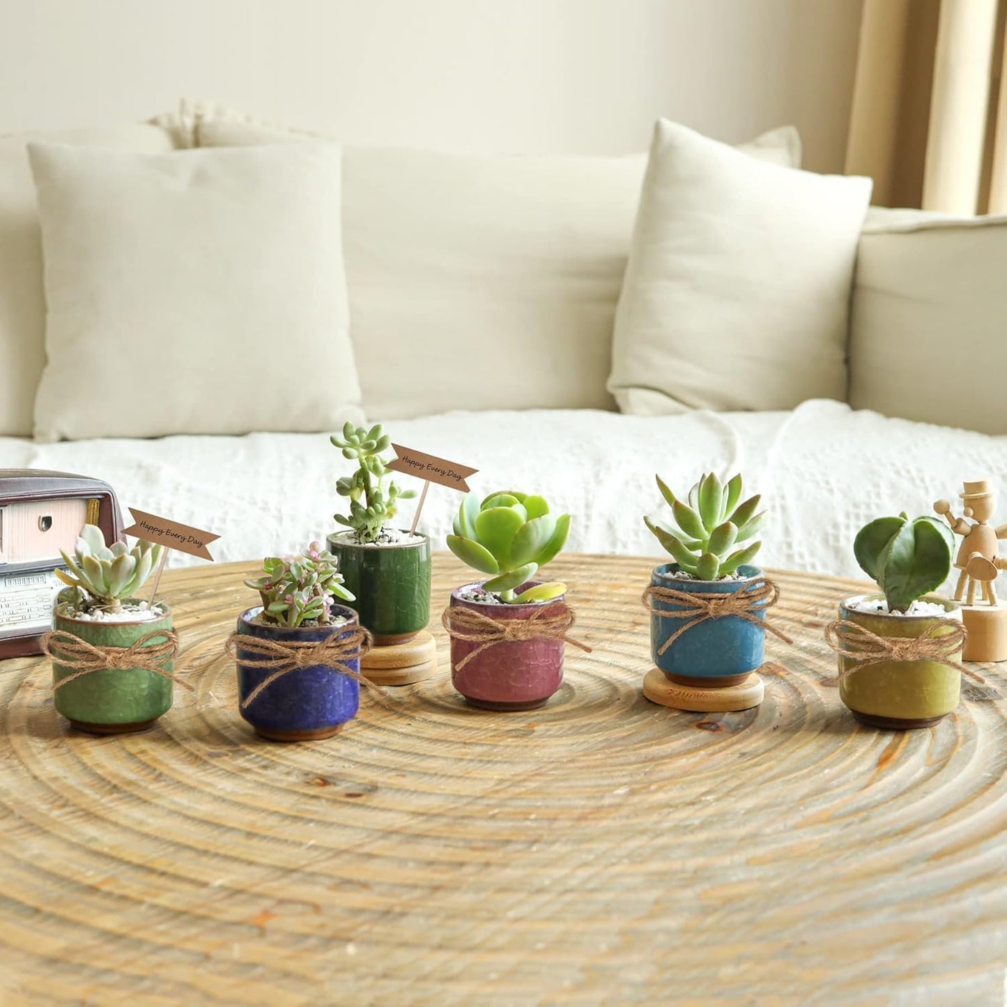 T4U 2.5 Inch Small Ceramic Succulent Planter Pot with Bamboo Saucer Set of 6, Ice Crack Glaze Porcelain Handicraft Plant Container Gift for Mom Sister Aunt Best for Home Office Desk Decoration