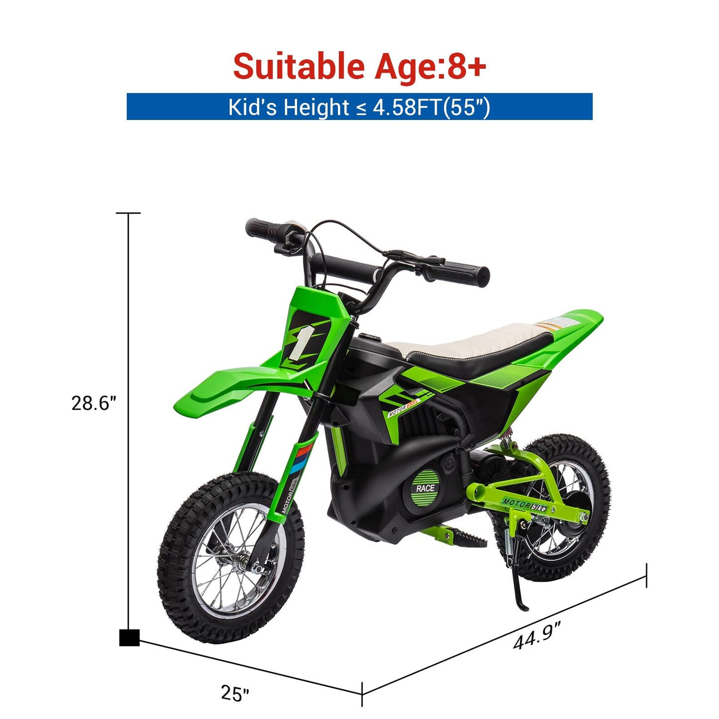 GarveeLife 24V Kids Ride On Electric Off-Road Motorcycle,250W Motor 13.6MPH Fast Speed Dirt Bike Motocross,Leather Seat,Twist Grip Throttle,Metal Suspension,Air-Filled Tires for Kids Riding Toy,Green