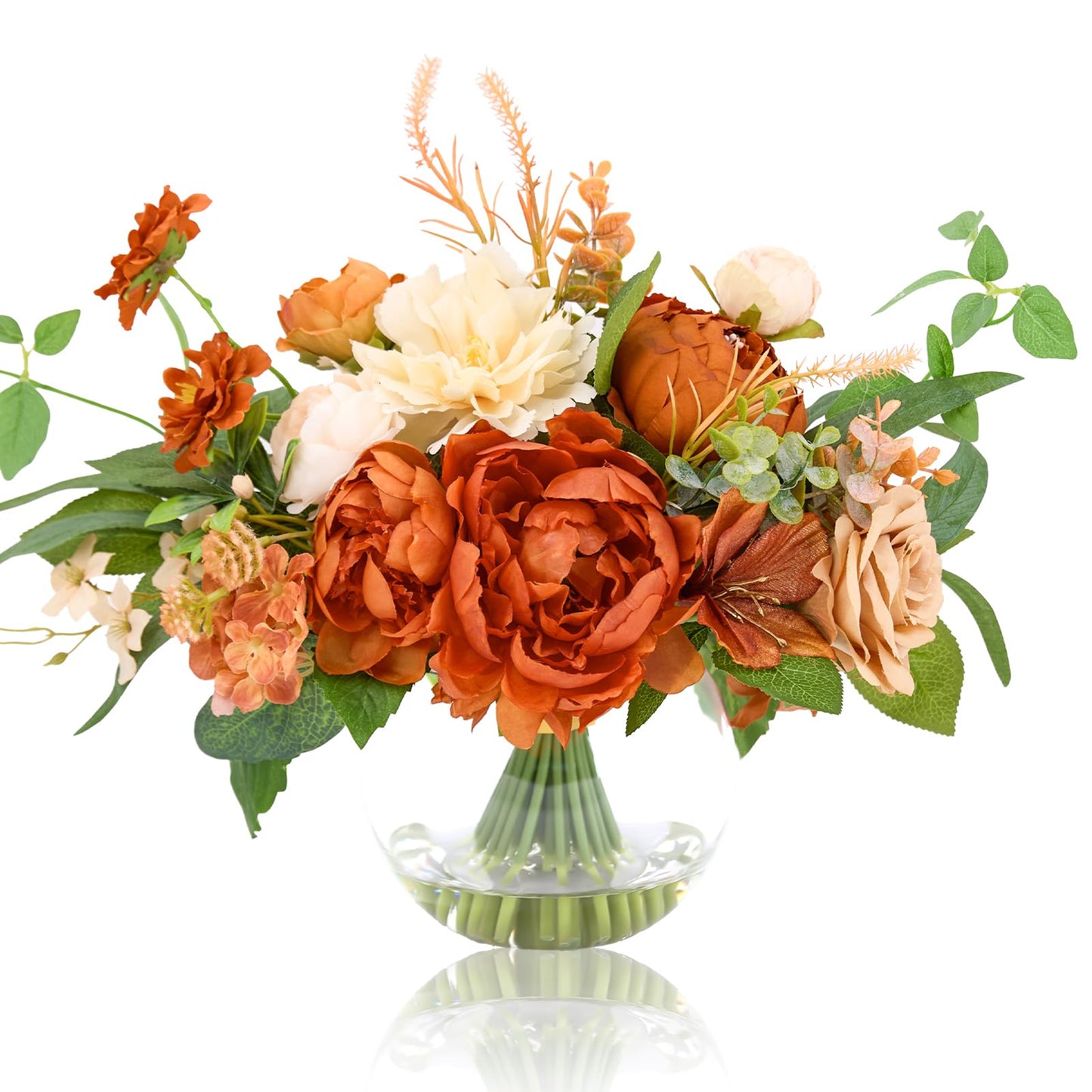 Artificial Flowers in Vase, WELL KNOWN Silk Rose Peony Flower Bouquet Table Centerpieces with Faux Water for Fall Home, Fake Flower Arrangement for Seasonal Party Decor (Burnt Orange & Champagne Plus)