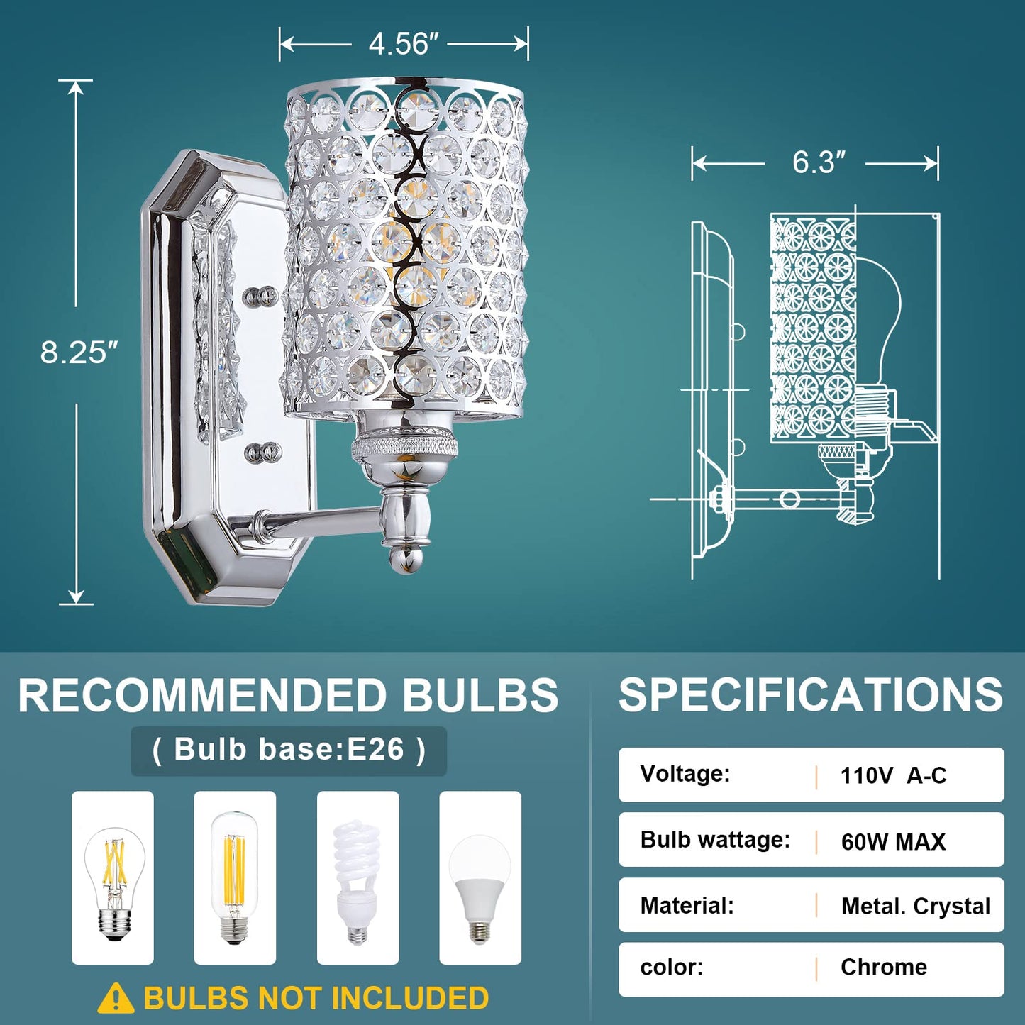 Crystal Wall Sconce Chrome Dry&Wet Dual Use 2 Pack 1 Light UL Certified