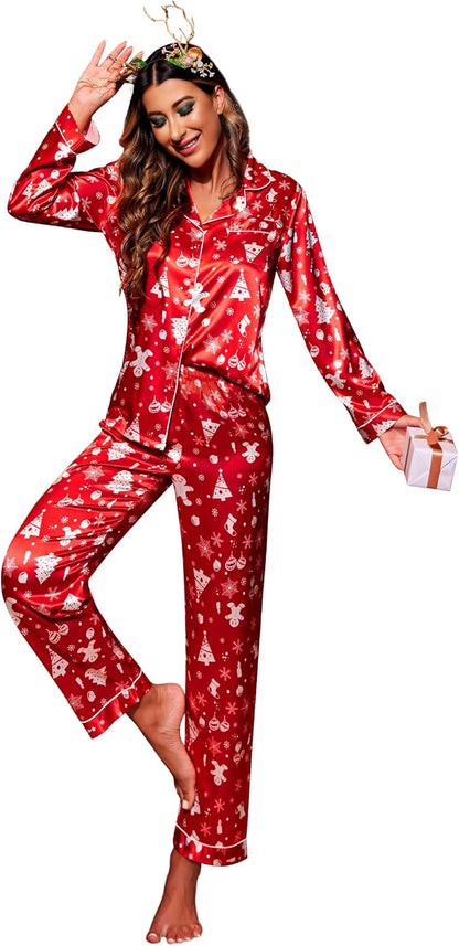 Ekouaer Women's Classic Button Down Long Satin Silk Pajama Set