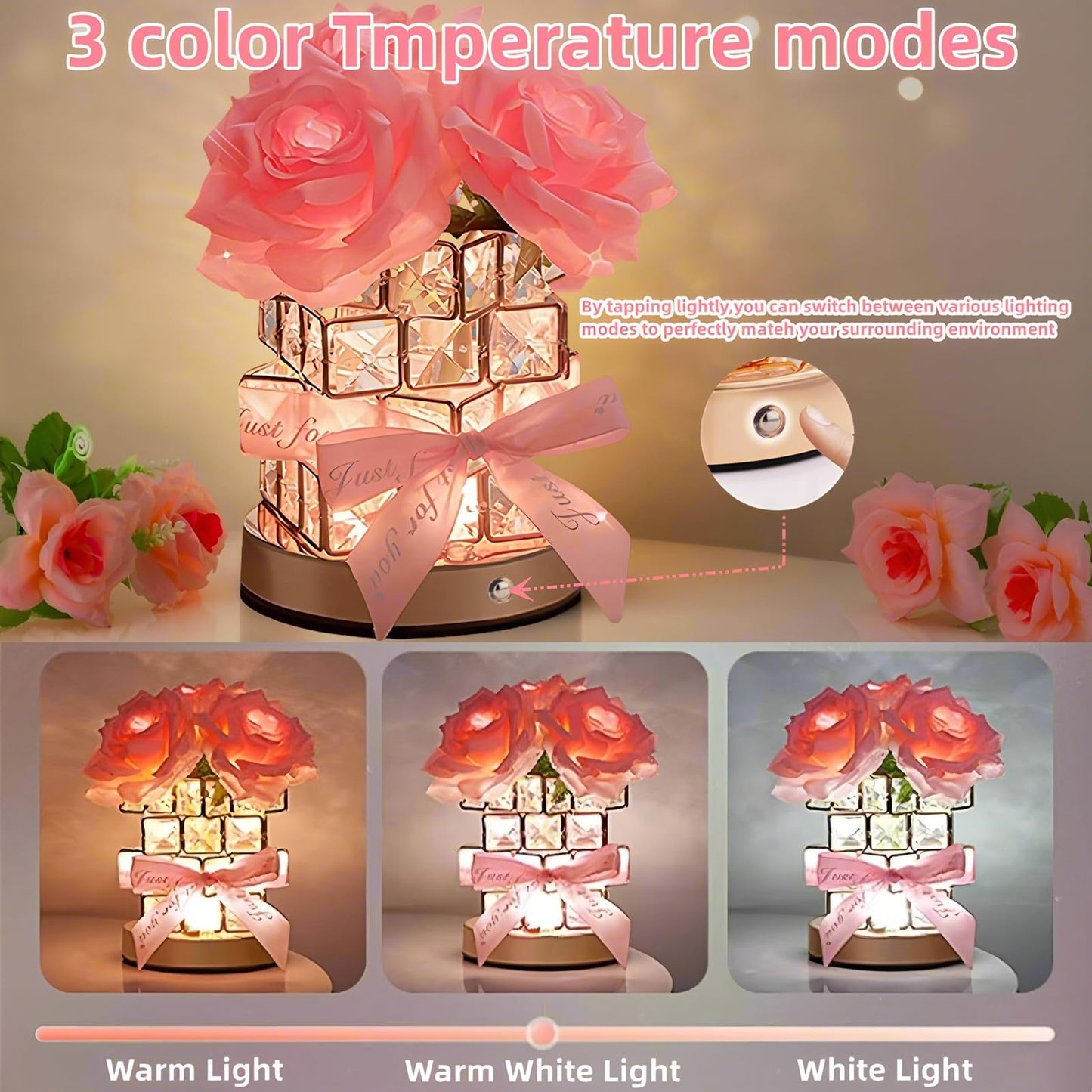 Rose Flower Lamp,Rose Gifts for Women Mother,Rechargeable Cordless Touch Small Flowers Night Light,3-Colour Stepless Dimming Crystal Bedside Lamps,Birthday Gifts for Mom Wife Girlfriend Home Decor