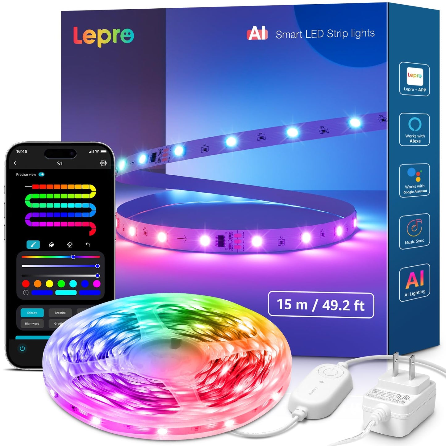 Lepro S1 AI LED Strip Lights for Bedroom - 50ft Smart RGB Light Strips with IC and Rainbow Chasing Effects, Color Segment DIY, Personalized Al Lighting Designer, No Remote, 2.4G Wi-Fi & Bluetooth