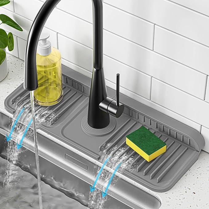 PoYang 14.6 inch Faucet Mat for Kitchen Sink Splash Guard, 7° Slope Silicone