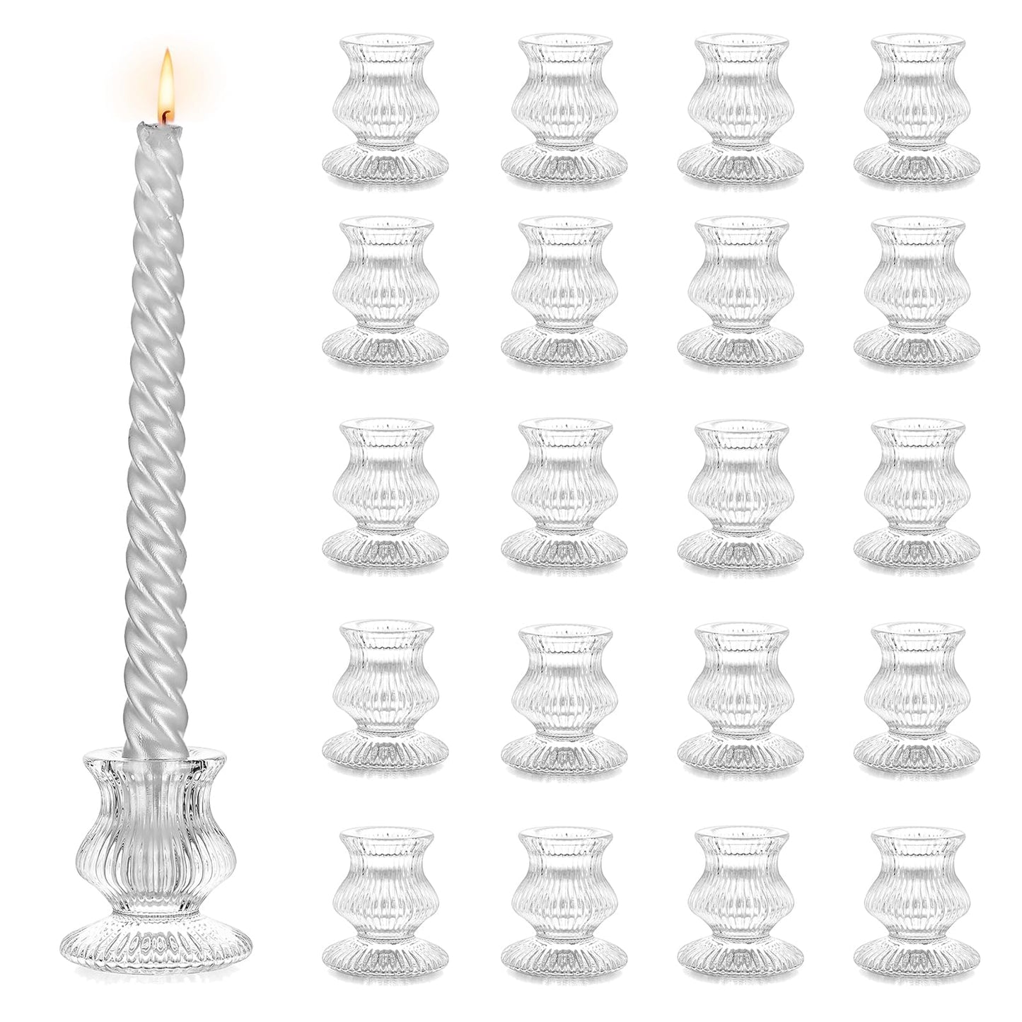 Hewory Glass Taper Candle Holders: 20PCS Clear Candle Holder Candlestick Holders, Crystal Ribbed Candle Sticks Holder Decor for Table Centerpiece Wedding Advent Wreath Christmas Thanksgiving Dinner