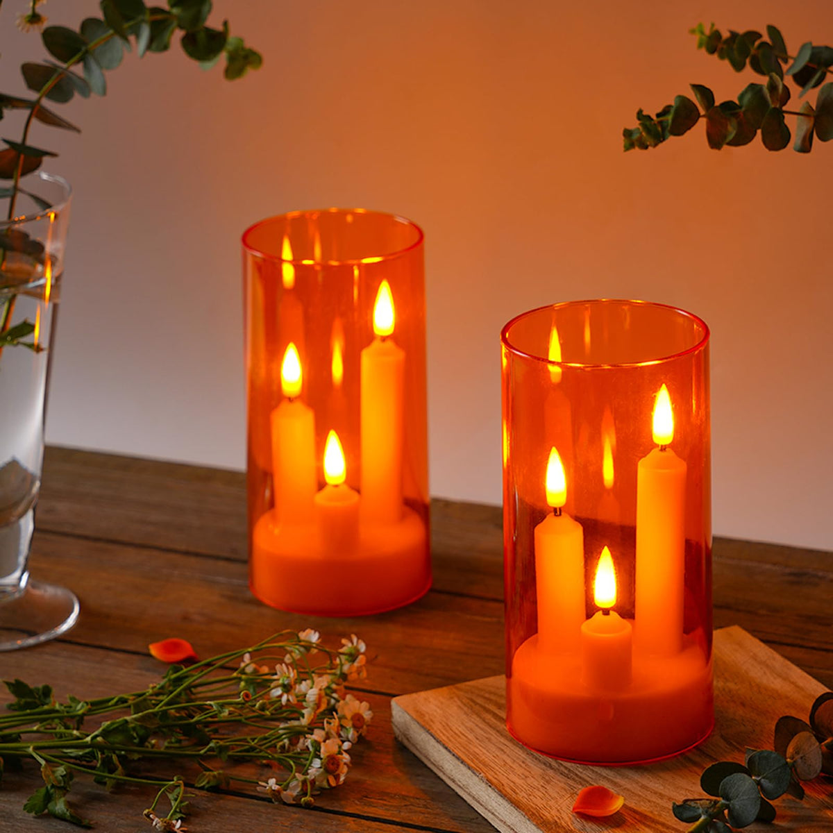 Da by 2 Pack 3D Wick Flameless Taper Candles, Orange Transparent Acrylic Cover, Remote Control Flickering LED Electric Candles, Battery Operated for Halloween Thanksgiving Christmas Home Decor.